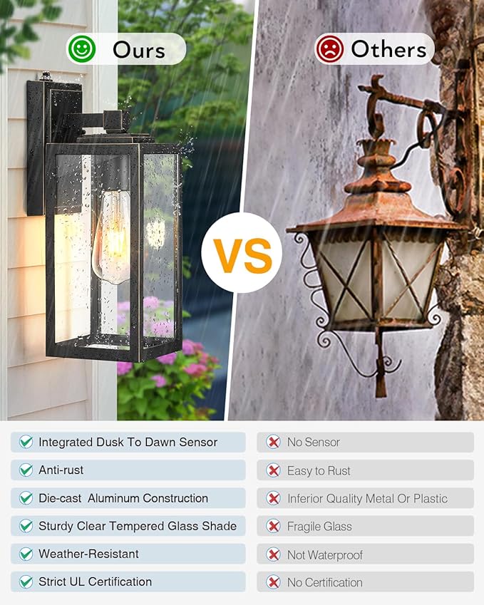 VIANIS Large 2 Pack Dusk to Dawn Outdoor Wall Lights, Black Gold Exterior House Lights Wall Mount Sconce, Modern Waterproof Front Porch Lanterns Light Fixture for Garage Coach, Outside Door Lights