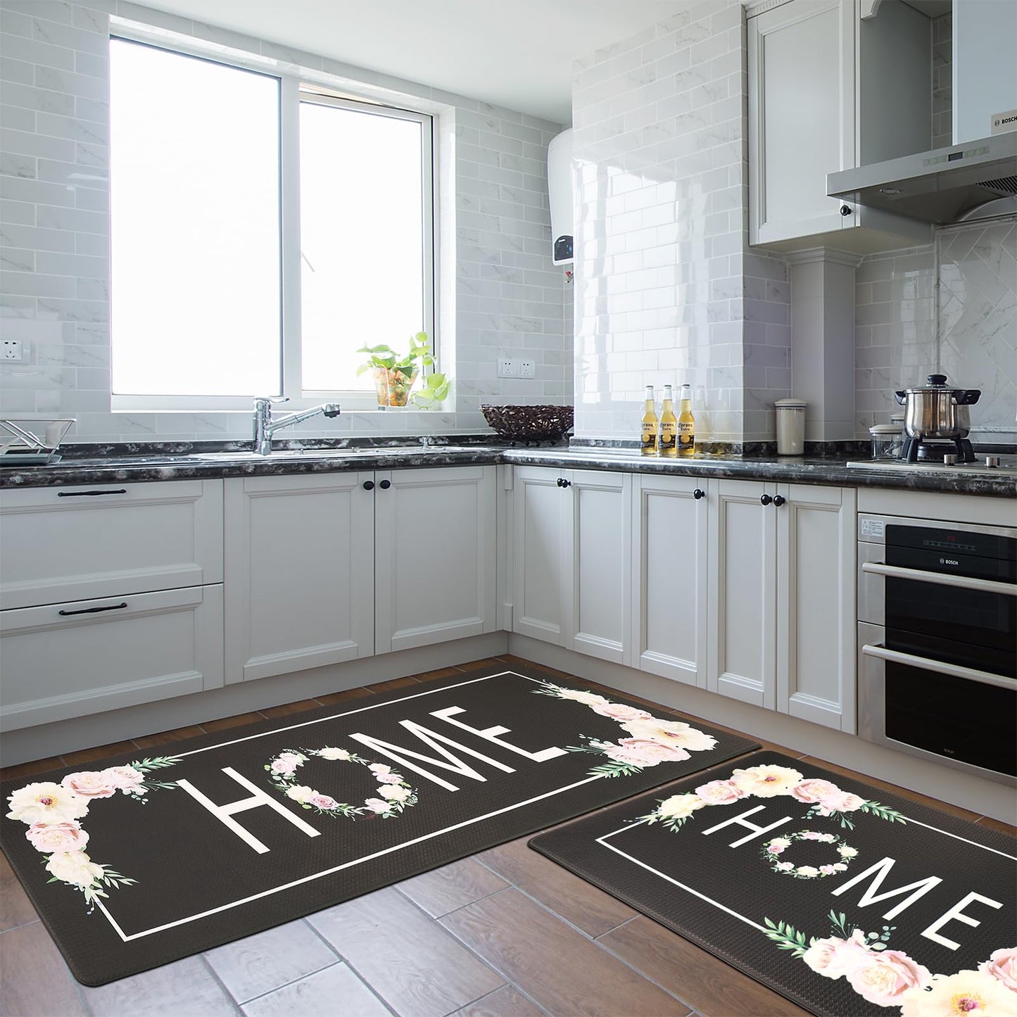 PCSWEET HOME Black Kitchen Mats for Floor 2 Piece Floral Anti Fatigue Mats for Kitchen Floor Kitchen Rugs Cushioned Anti Fatigue Waterproof for Kitchen, Laundry Room, 17.3"x30"+17.3"x47"