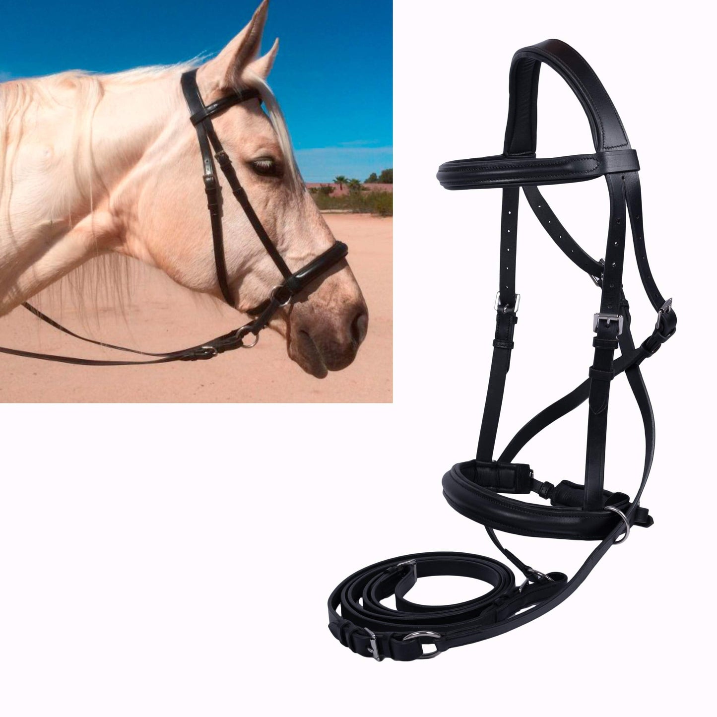 Wonder Care Genuine English Leather Crossover Crossunder Bitless Bridle for Horse Headstall with Reins