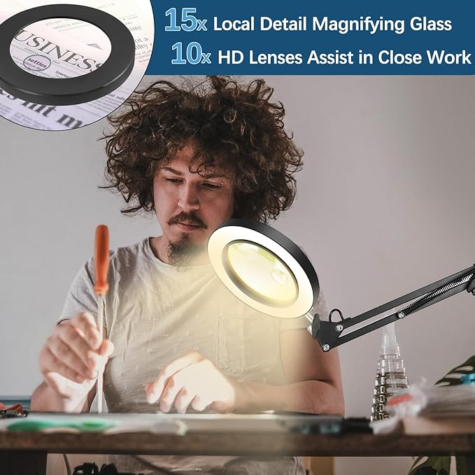 15X &10X Magnifying Glass with Light, 4.3" Real Glass LED Desk Lamp with Clamp, Adjustable Arm Magnifying Lamp, 3 Color Modes Stepless Dimmable Lighted Magnifier Hands Free for Close Work, Crafts