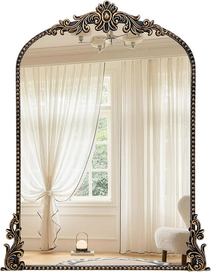 Growsun Vintage Black Arched Mirror, 24’’x36’’ Antique Baroque Ornate Wall Mirror Decor with Full Metal Frame for Fireplace/Entryway/Living Room/Bathroom
