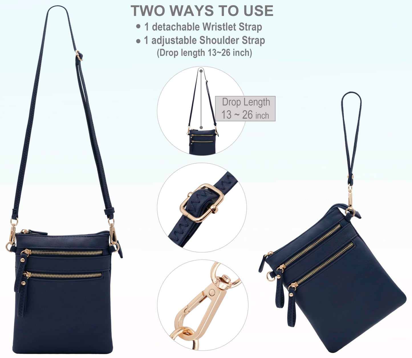 Solene Women's Faux Leather Organizer Multi Zipper Pockets Handbag With Detachable Wristlet Crossbody Bag-WU002(Navy)