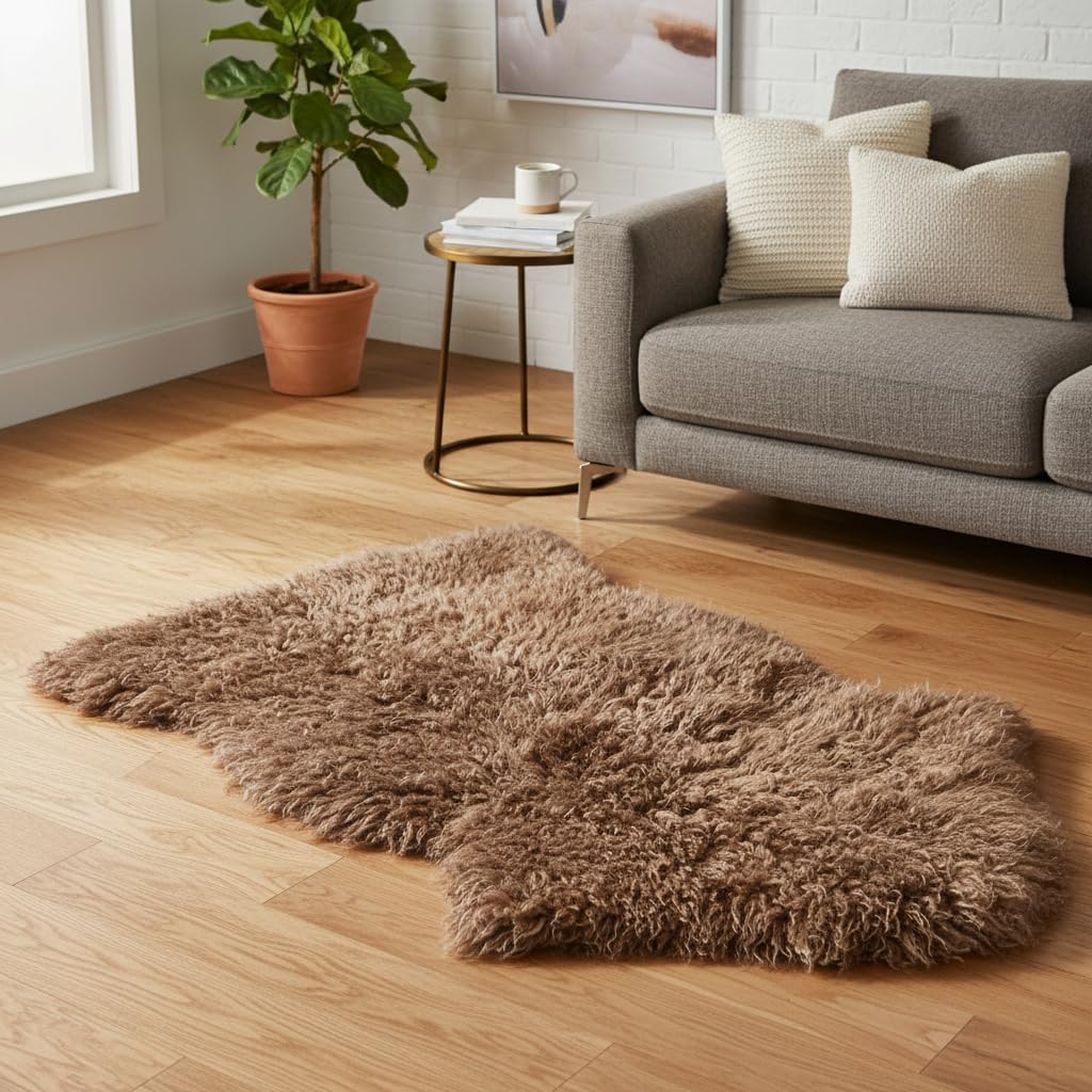 Khara Home Genuine Sheepskin Rug – Soft & Fluffy Curly Hair Single Pelt (2' x 3') Dark Beige Lambskin Area Rug for Bedroom or Living Room – Made in Argentina