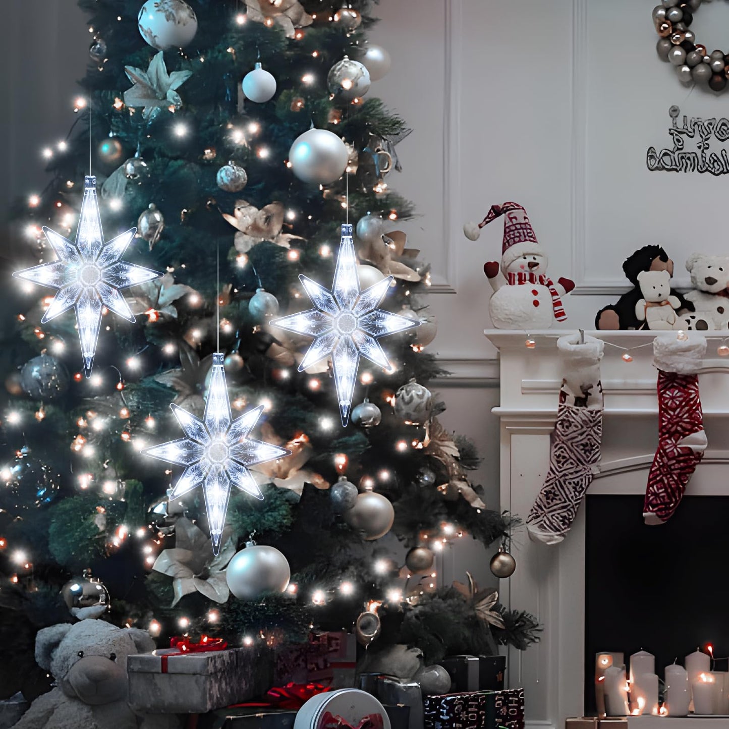 LYUBASA 3Pcs Christmas Window Lights Decorations with Timer,Battery Powered Christmas Window Hanging White Lighted Lucky Star Shaped LED Sucker Lamp for Xmas Tree Fireplace Window Indoor Outdoor Decor