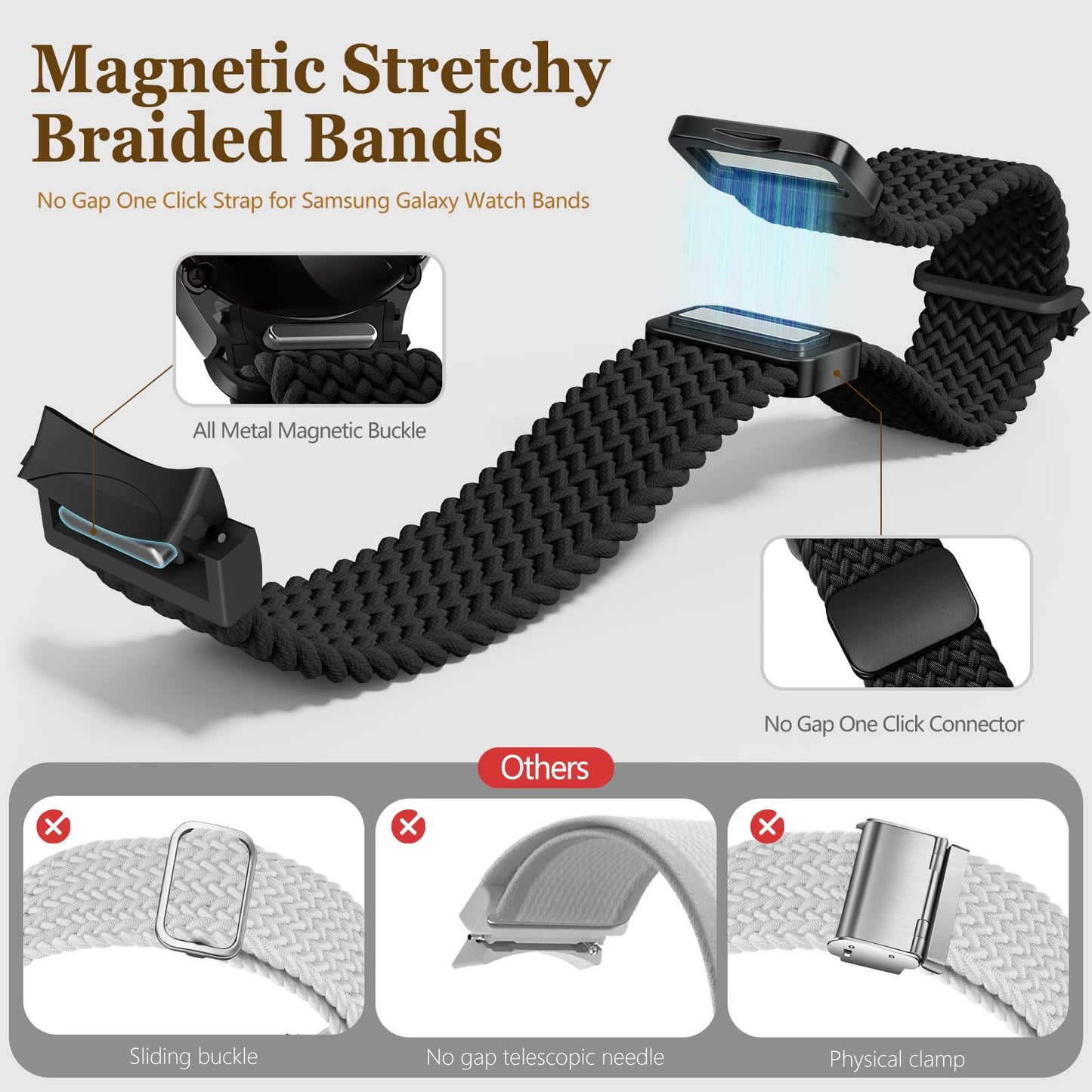 One Click Fabric Bands for Samsung Galaxy Watch 7 6 4 5 FE Band 40mm 44mm/for Galaxy Watch 6 4 Classic 43mm 47mm 42mm 46mm/ 5 Pro 45mm,No Gap Magnetic Elastic Braided Nylon Sport Strap Men Women