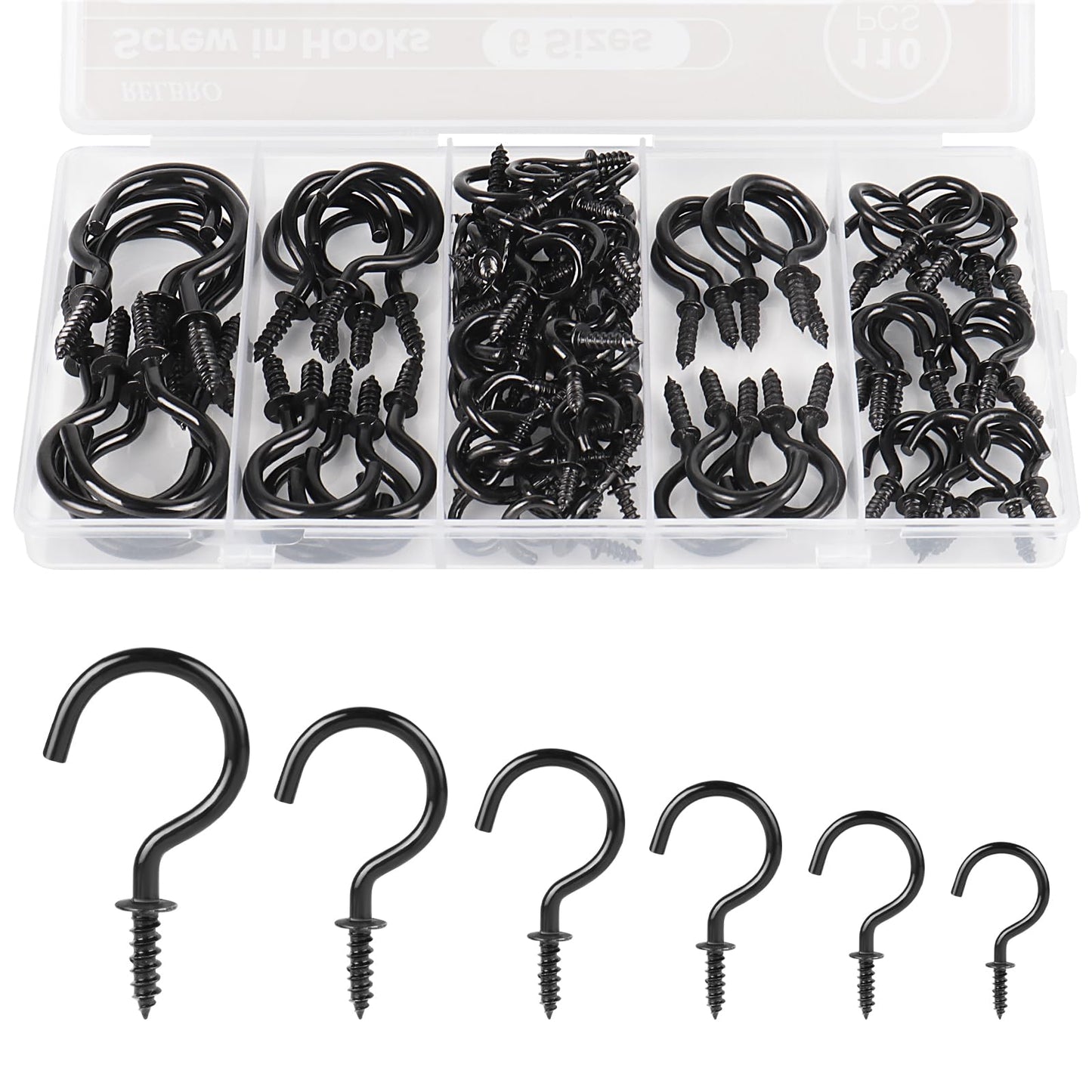 RELBRO Screw Hooks, 6 Sizes Metal Screw in Cup Hooks, 1/2 Inch, 5/8 Inch, 3/4 Inch, 7/8 Inch, 1 Inch, 1-1/4 Inch, Black, 110 Pcs