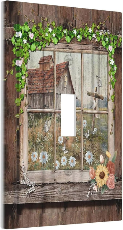 Farm Barn Farmhouse Rustic Country Flower Single Toggle Light Switch Plates Cover Decorative 1 Gang Wall Plate Electrica Faceplate for Bathroom Bedroom Decorate Accessories