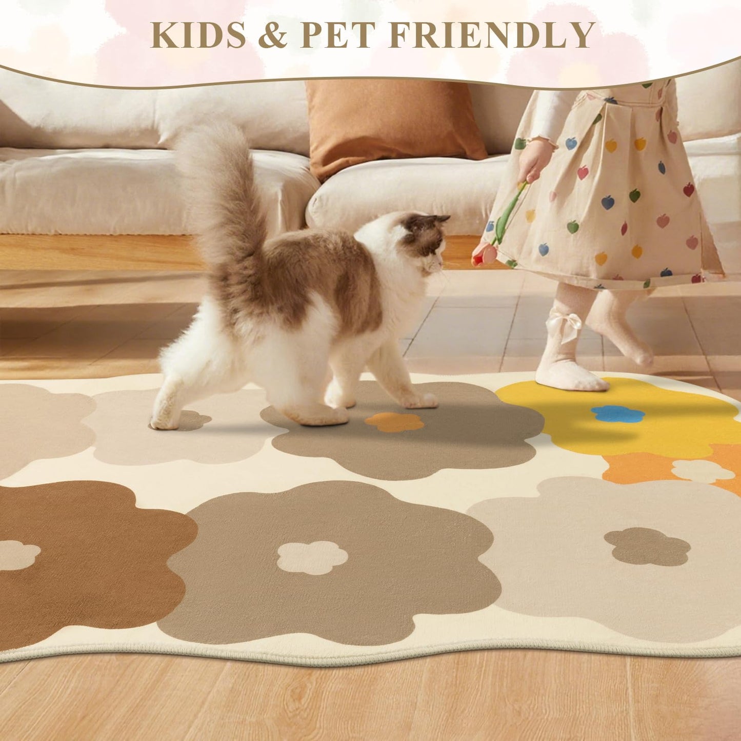 Floral Cute Rug 3x5 Irregular Scalloped Rug Beige Flower Shaped Indoor Mat Bedroom Floor Carpet Non Slip Washable Area Rug for Kids Room Playroom Living Room Entryway