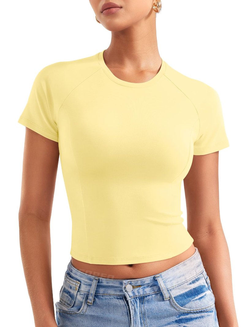 YEOREO Women Tops Baby T-Shirt Short Sleeve Crew Neck Going Out Crop Top Corriny Slim Fit Workout Basic Baby Tee Cream Yellow M