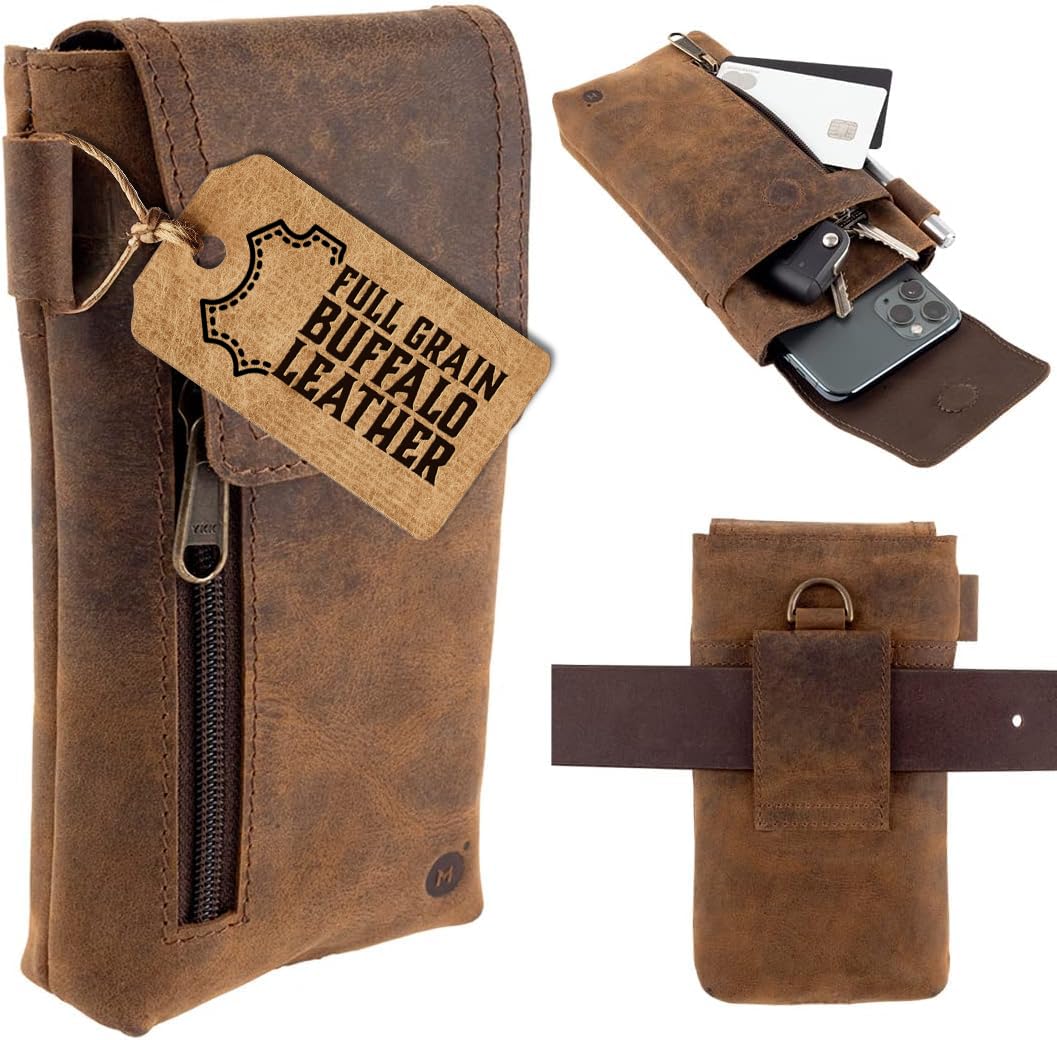 Moonster Leather Phone Holster – Genuine Full-Grain Leather for iPhone 17/16/15/14 Pro Max & Plus, Galaxy S25/S24 Ultra – Slim Belt Clip Phone Pouch with Magnetic Closure, Fits Thick Cases – 7” x 3.5”
