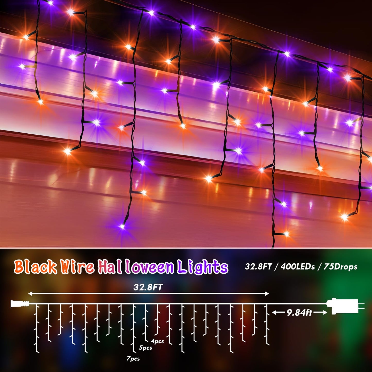 KNONEW 33FT 400 LED Orange Purple Halloween Lights Outdoor Black Wire String Lights with 75 Drops, 8 Lighting Modes, Timer Memory Function Connectable Hanging Curtain Lights for Halloween Party Decor
