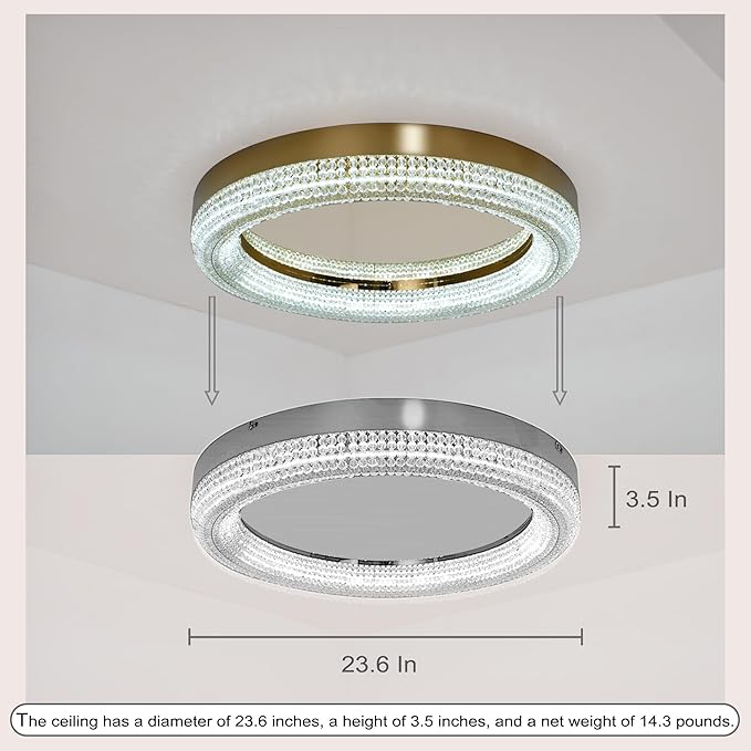 23.6" Gold LED 3 Color Remote Dimmable Modern Crystal Chandelier Round LED Crystal Ceiling Light Fixture Flush Mount Chandelier Ceiling Light with Crystals for Hallway Bedroom Kitchen Foyer (Gold)