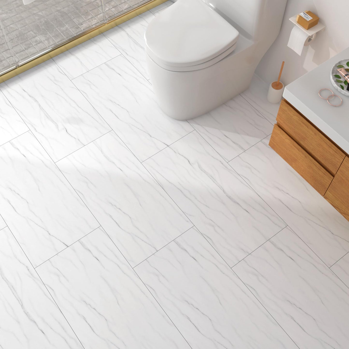 FunStick 12"x24" 15 Pcs White Marble Vinyl Flooring Peel and Stick Floor Tile Waterproof Removable Peel and Stick Flooring for Bathroom Stick on Floor Tiles for Kitchen Bedroom Laminate Sheets Walls