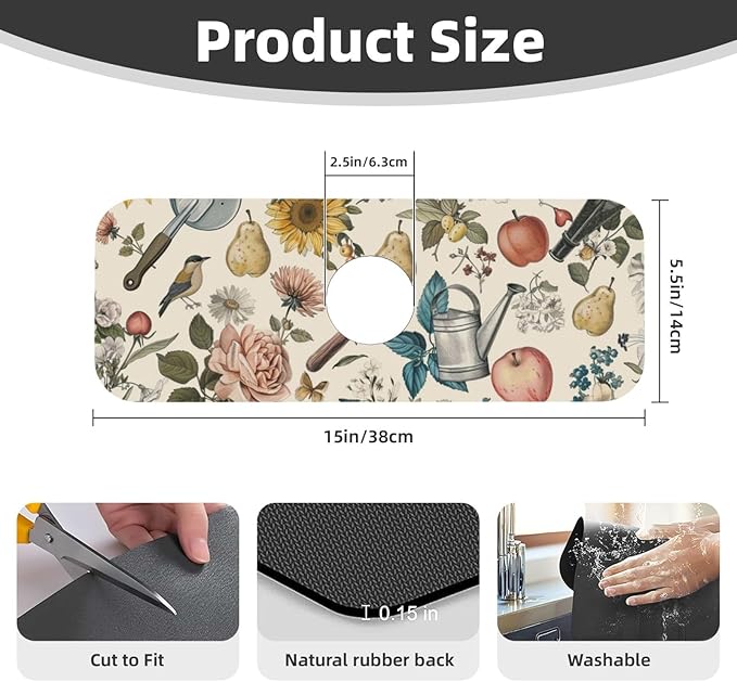 Faucet Draining Mat For Kitchen Sink, Roses Daisies Fruits Garden Diatom Mud