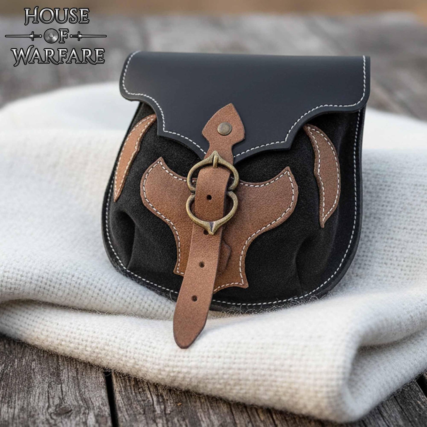 Medieval Belt Pouch – Genuine Leather & Suede Bag with Brass Buckle | Spanish Applique | LARP Renaissance Viking & Fantasy Accessory (Barbarian Warrior Bag)