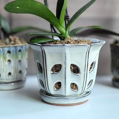 Orchid Pots with Holes 6 inch Ceramic Orchid Pot with Attached Saucer and Drainage Hole (White)