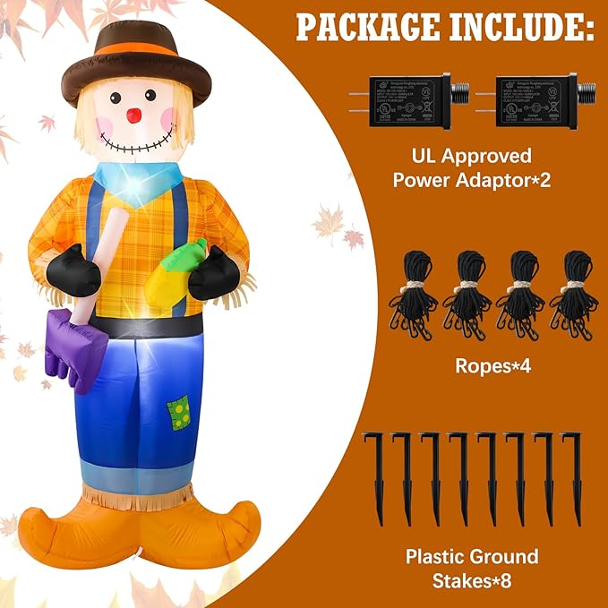 Jenaai 2 Pcs 6 Feet Fall Thanksgiving Harvest Inflatable Scarecrow Fall Harvest Inflatable Patio Decoration Autumn Blow up LED Lights Scarecrow for Outside, Front Door, Garden, Yard, Lawn