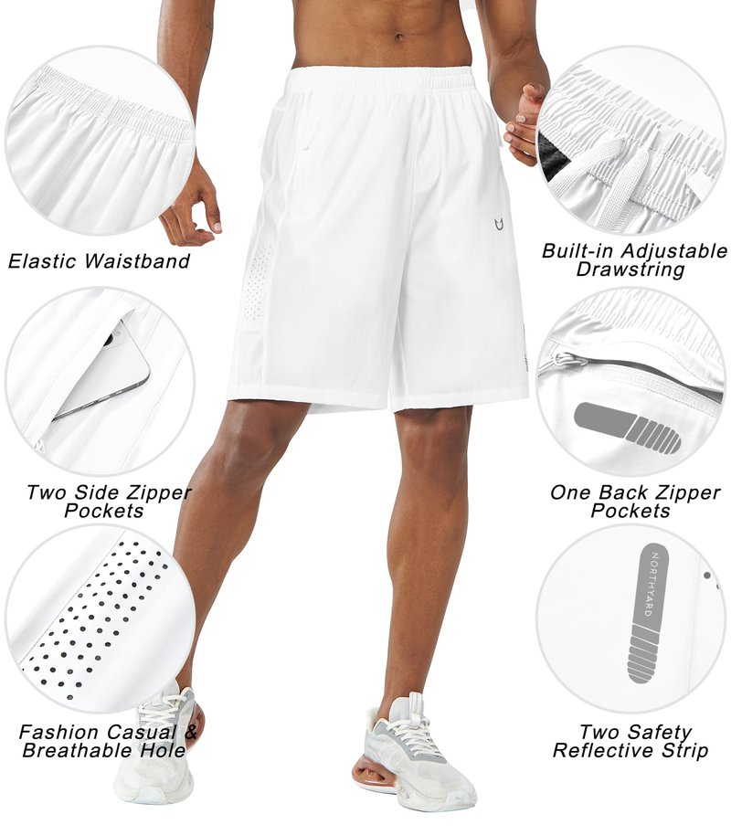 NORTHYARD Men's Athletic Running Shorts Gym Workout 7"/9"/5" Quick Dry Lightweight Sports Basketball Tennis 3 Zipper Pockets White 3XL
