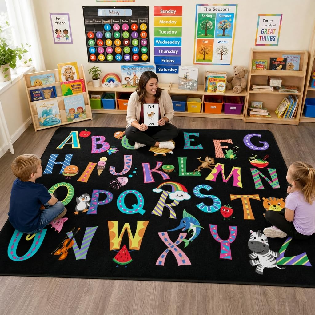 ABC Alphabet Rug, Classroom Playmat Rugs - 5x7 Ft Kids Carpet with Rubber Backing, Colorful Cartoon Letters Kids Play Mat Nursery Rugs for Bedroom Playroom - Black