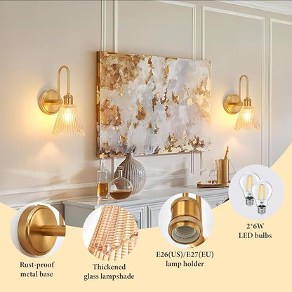 Wall Sconce Set of 2, Gold Vintage Light Fixtures with Long Amber Glass Lampshade, Hardwired Sconces Wall Lighting for Bedroom, Bathroom, Living Room | Includes 2 LED Bulbs
