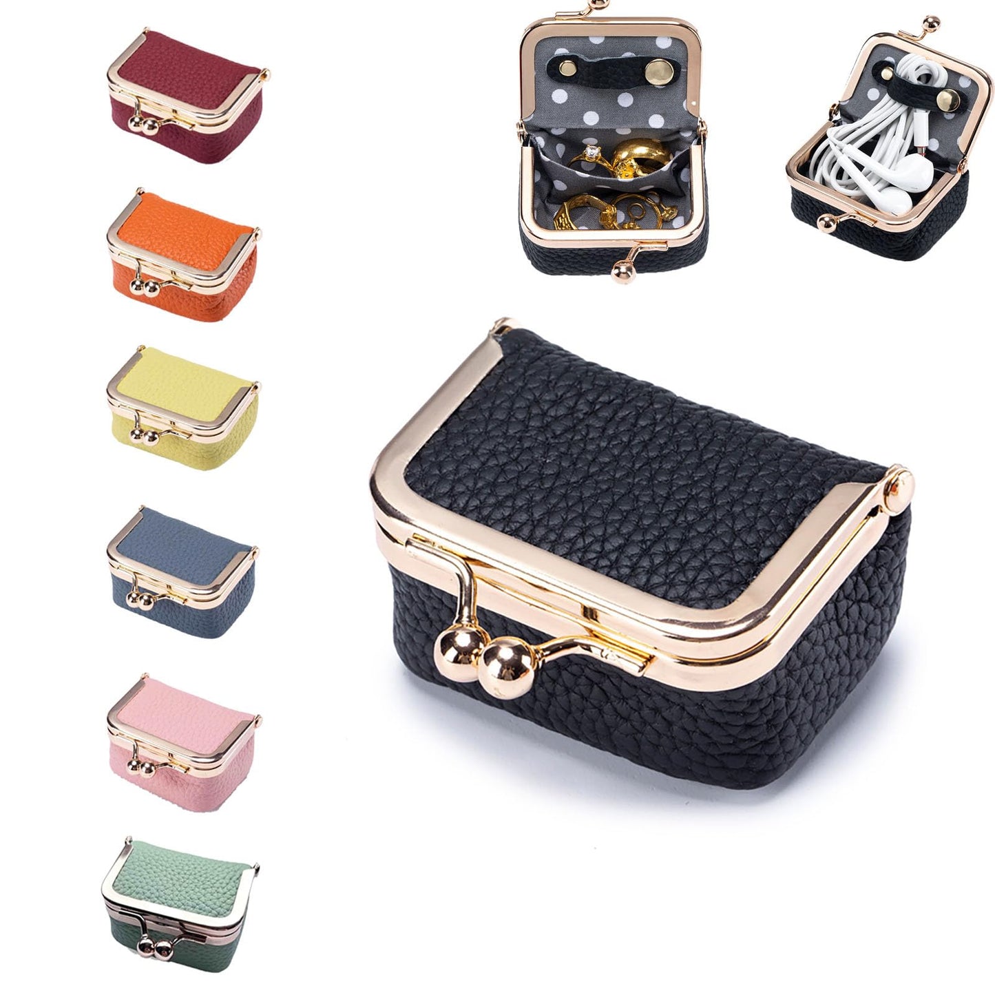 FURZART Genuine Leather Jewelry Travel Case Mini Portable Organizer with Kiss Lock & Anti-Tip Design, Stable Small Jewelry Box for Earrings, Rings, Coin Purse & Travel (2.55x1.77 Inch, Black)
