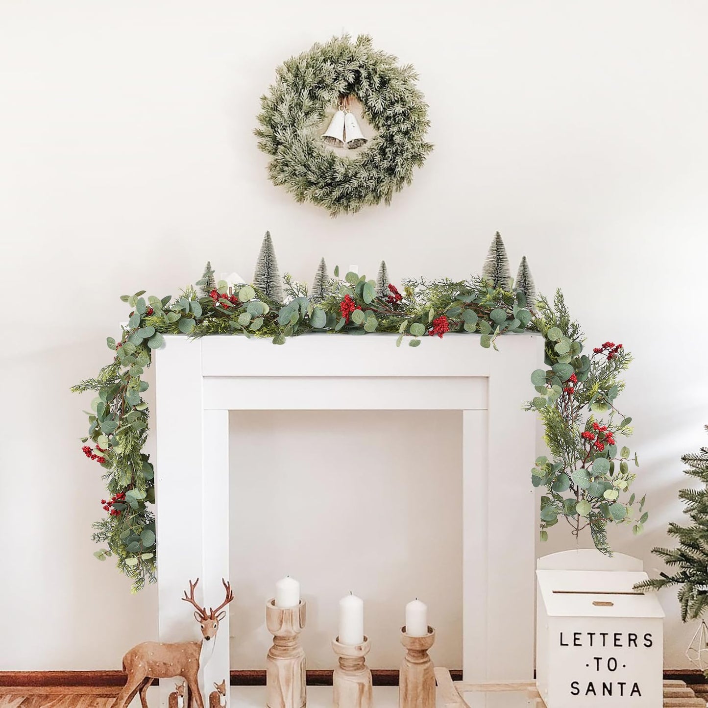 JoyHome 6ft Pine Christmas Garland, Artificail Red Berry Garland Christmas with Eucalyptus Leaves Cypress Garland for Home Decoration Holiday Mantel Table Decor