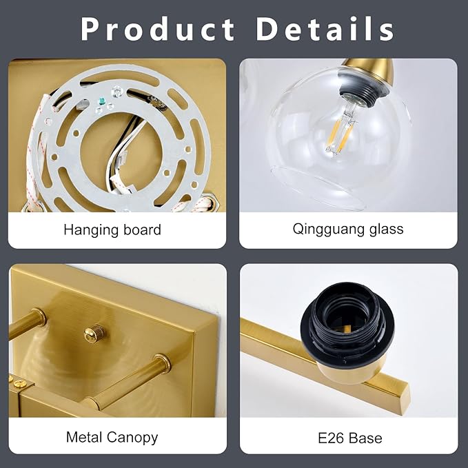 4-Light Bathroom Vanity Light, Gold Wall Sconce with Premium Hand-Crafted Glass Shades, Shatter-Resistant & Few Imperfections, Ideal for Mirror, Kitchen, Living Room