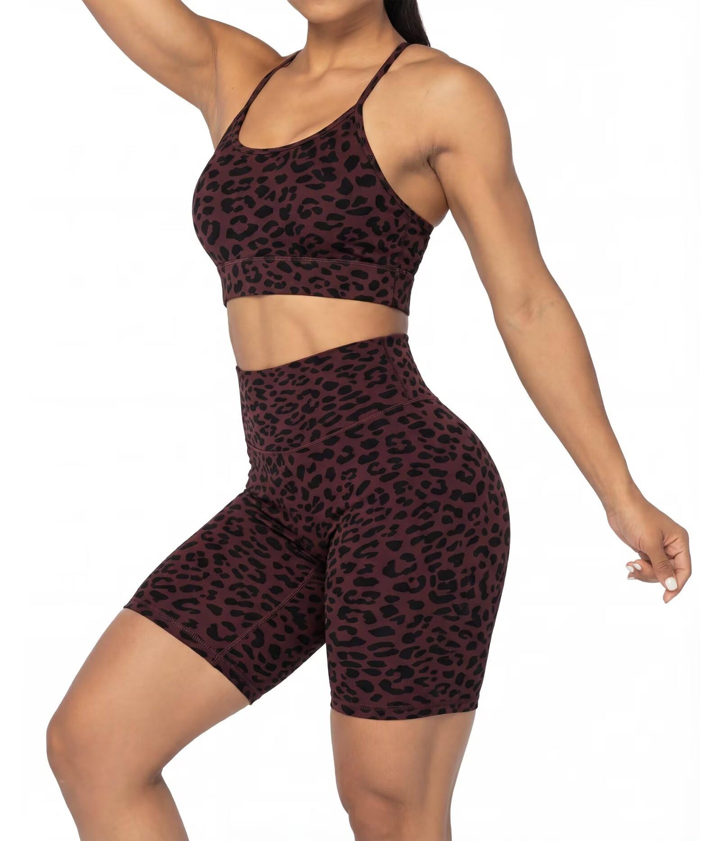 Sunzel 8" Waist Biker Shorts for Women No Front Seam Soft Yoga Workout Gym Bike Shorts Tummy Control Squat Proof Leopard Chocolate Brown Medium