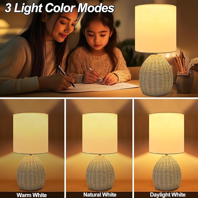 Boho Rattan Table Lamp - 3 Color Temperature, Handwoven Nightstand Lamp for Bedroom & Living Room