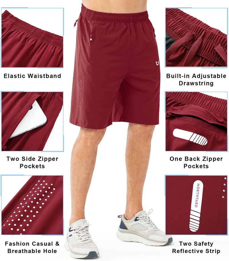 NORTHYARD Men's Athletic Running Shorts Gym Workout 7"/9"/5" Quick Dry Lightweight Sports Basketball Tennis 3 Zipper Pockets WINERED-9inch S