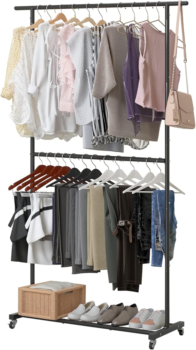 Sywhitta Double Rod Clothing Garment Rack, Rolling Clothes Organizer on Wheels for Hanging Clothes, Easy to Assemble, Adjustable, Black