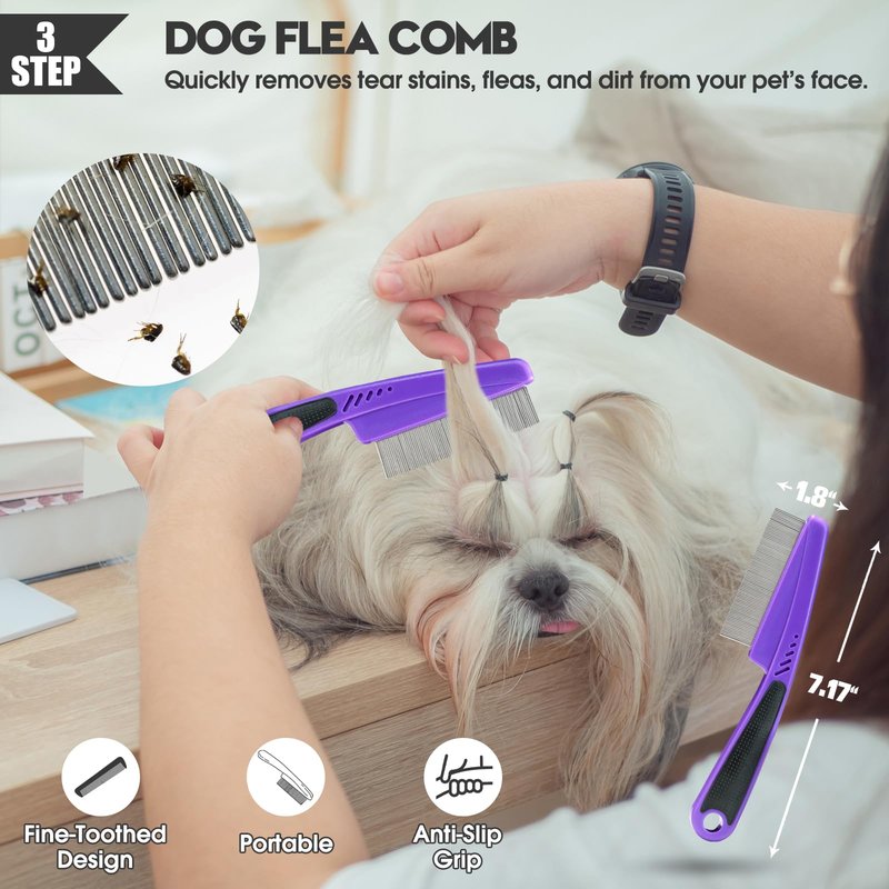 Bonteck Dog Slicker Brush for Dogs Grooming Kit 5PCS | Large Dog Brush for Goldendoodles Poodles Doodles | Long Pin Haired Brush | Poodle Brushes and Comb (Purple)