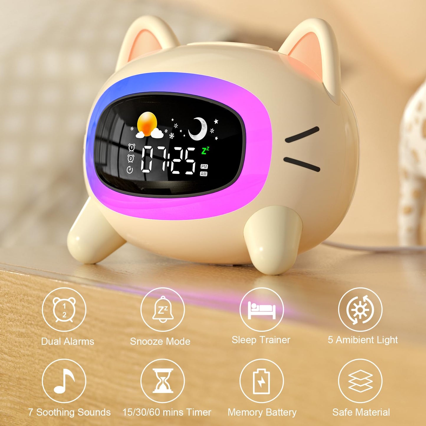 ANALOI Kids Alarm Clock Ok to Wake Alarm Clock for Kids, Toddlers Night Light Clock for Bedroom, Cat Alarm Clock with Sleep Training and Sound Machine, Birthday Gift for Boy Girls Children