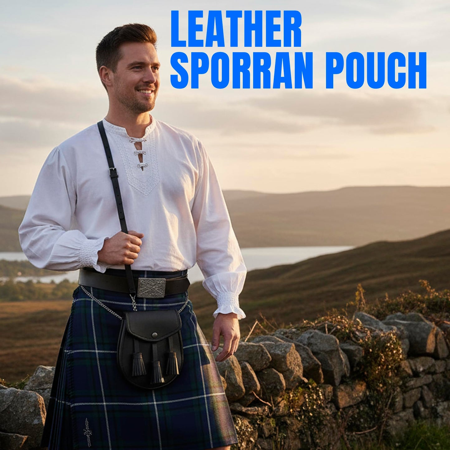 SZCO Medieval Sporran 8 Inch - Black Plain Celtic Style Leather Pouch with Tassels - Scottish Kilt Sporran with Chain Belt for Men - Medieval Bag for Costume & Renaissance Accessories