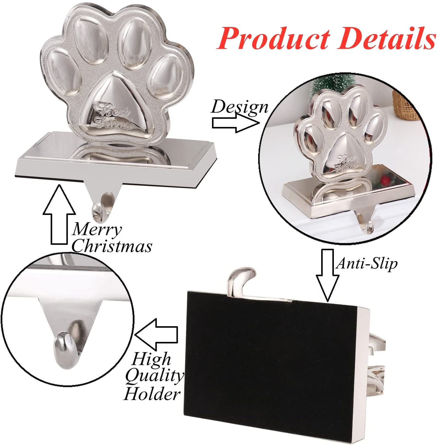 Christmas Stocking Holders for Fireplace Mantle Dog Paw Mantle Stocking Hangers Sliver Sturdy Stocking Hook for Tables Window Fireplace Home Decoration (1,Dog Paw)
