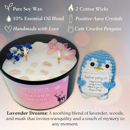 Moira's Bazaar Winter's Joy Gift Set –16 Oz 50 Hr Scented Candle with Crystals & a Crochet Positive Penguin | Christmas, Holiday, or Motivational Gift, Artisanal Luxury Fragrances (Lavender Dreams)