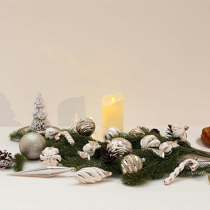 Christmas Ball Ornaments Set Shatterproof Christmas Tree Ornaments 24 PCS Painted Shaped Styles Xmas Tree for Holiday Decor,Champagne