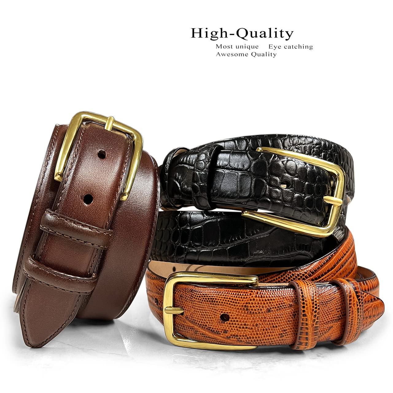 Andrew Men's Dress Belt Solid Brass Buckle (Gold) Italian Calfskin Genuine Leather Dress Belt 1-1/8"(30mm) Wide (Alligator Black, 36)
