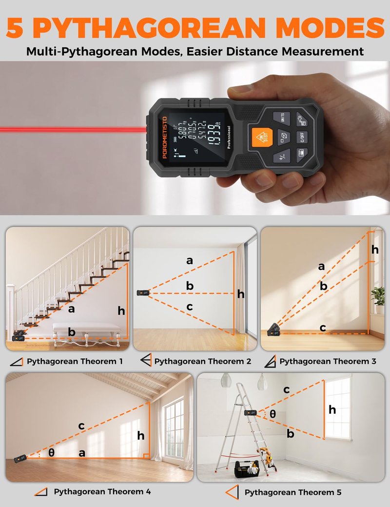 Laser Distance Meter POROMETISTO 262ft/80m, Digital Angle Finder,12 Modes for Angle Area Volume Pythagorean Distance, ±2mm High Accuracy, Tripod Interface Design Handheld Digital Rangefinder