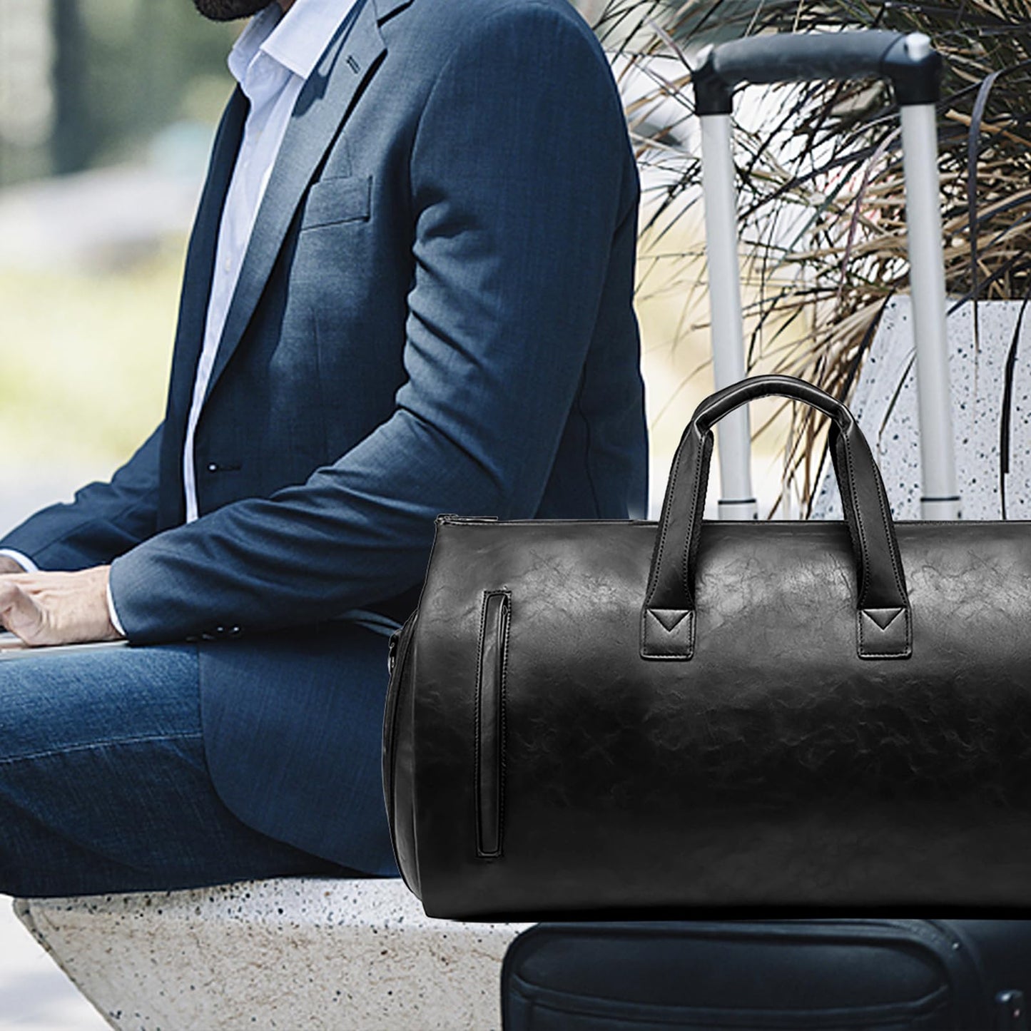 Leather Garment Bag，Convertible Garment Duffel Bag for Travel Mens Suit Bag 2 in 1 Waterproof Foldable Carry on Garment Bag with Shoulder Strap Weekender Bag with Shoe Pouch