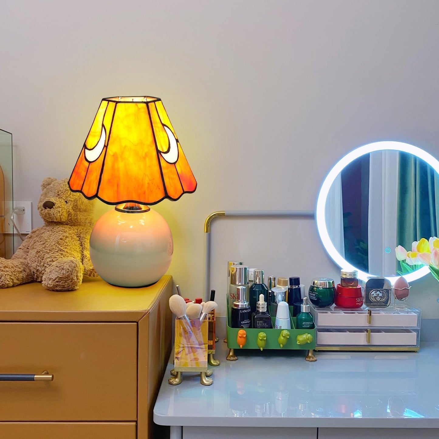 KIPHEPI Tiffany Style Bedside Table Lamp Stained Glass Moon Mushroom Lamp for Bedroom Small Nightstand Lamps for Home Decor Living Room Bedroom Study Nursery Dorm, Orange