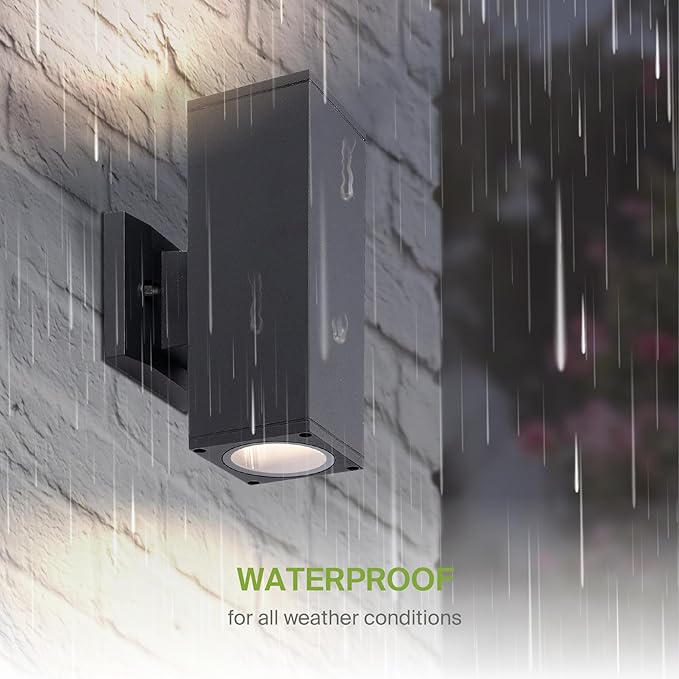 ASD 2 Light Square Outdoor Wall Light Fixture | 120W E26 Socket 120V ETL Cylinder Up Down Lights | LED/CFL/Incandescent Bulb Exterior Wall Sconce | Front Door, Porch, Patio Lighting | Black