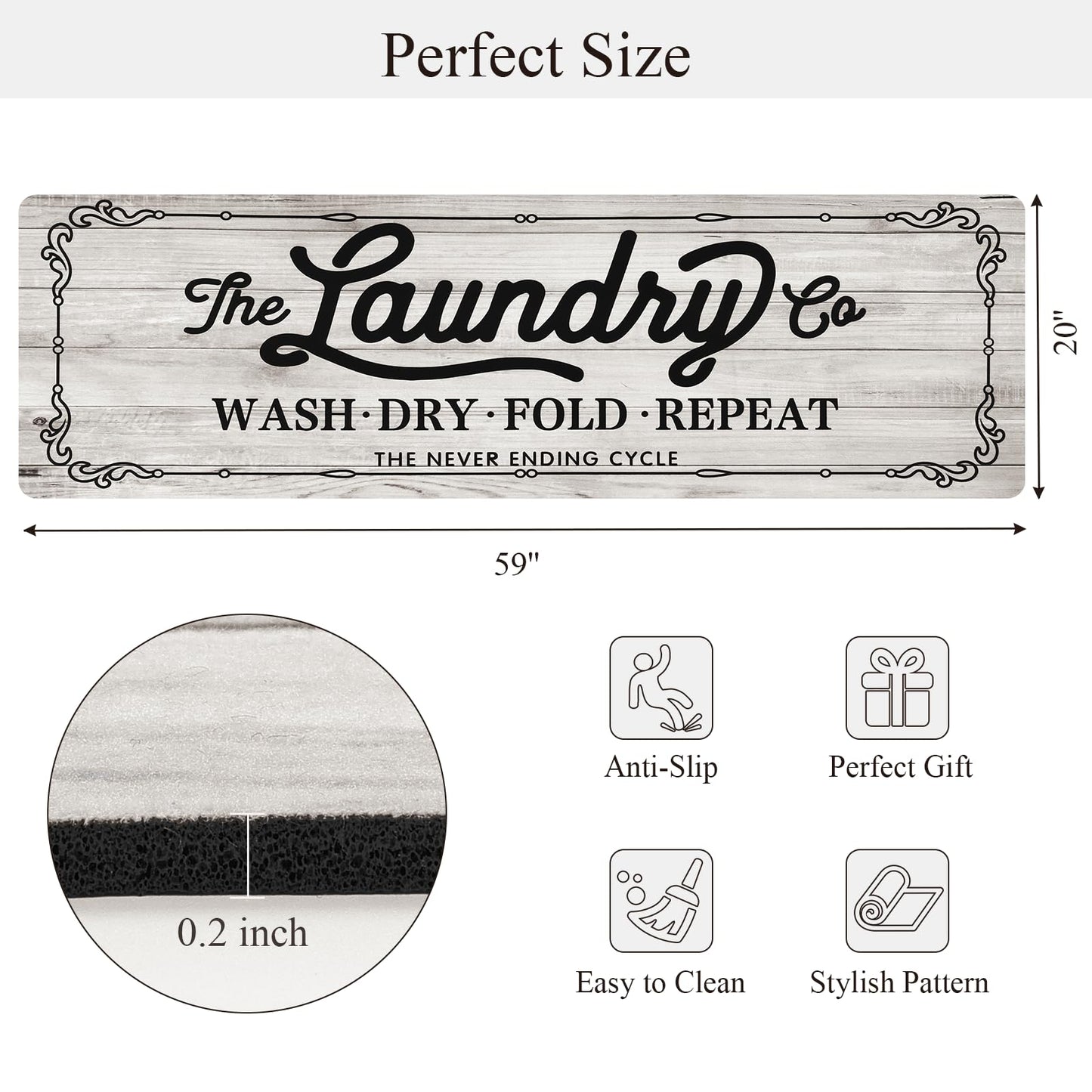 Pauwer Laundry Room Rug Runner 20"x60" Waterproof Rubber Laundry Mat Non Slip Kitchen Mats for Floor Washable Floor Mat Runner Rug for Farmhouse Mudroom Washroom Bathroom Decor