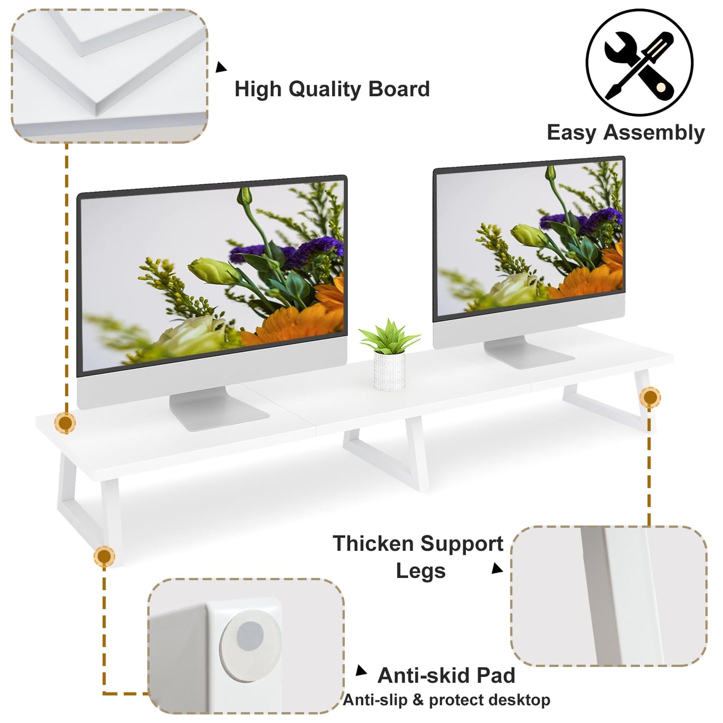 TEAMIX White Dual Monitor Riser for 2 Monitors-42inch, Wood Desktop Dual Stand with Metal Legs, Long Screen/PC/Laptop Storage,Computer Shelf TV Holder Home Office