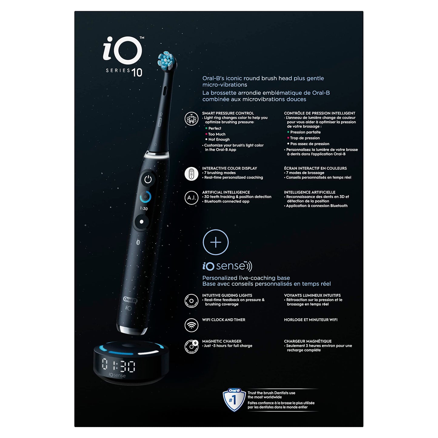 Oral-B iO Series 10 Rechargeable Electric Toothbrush with Visible Pressure Sensor to Protect Gums, 2 Min Timer, 7 Cleaning Settings, 4 Replacement Toothbrush Heads, and Charging Travel Case, Black