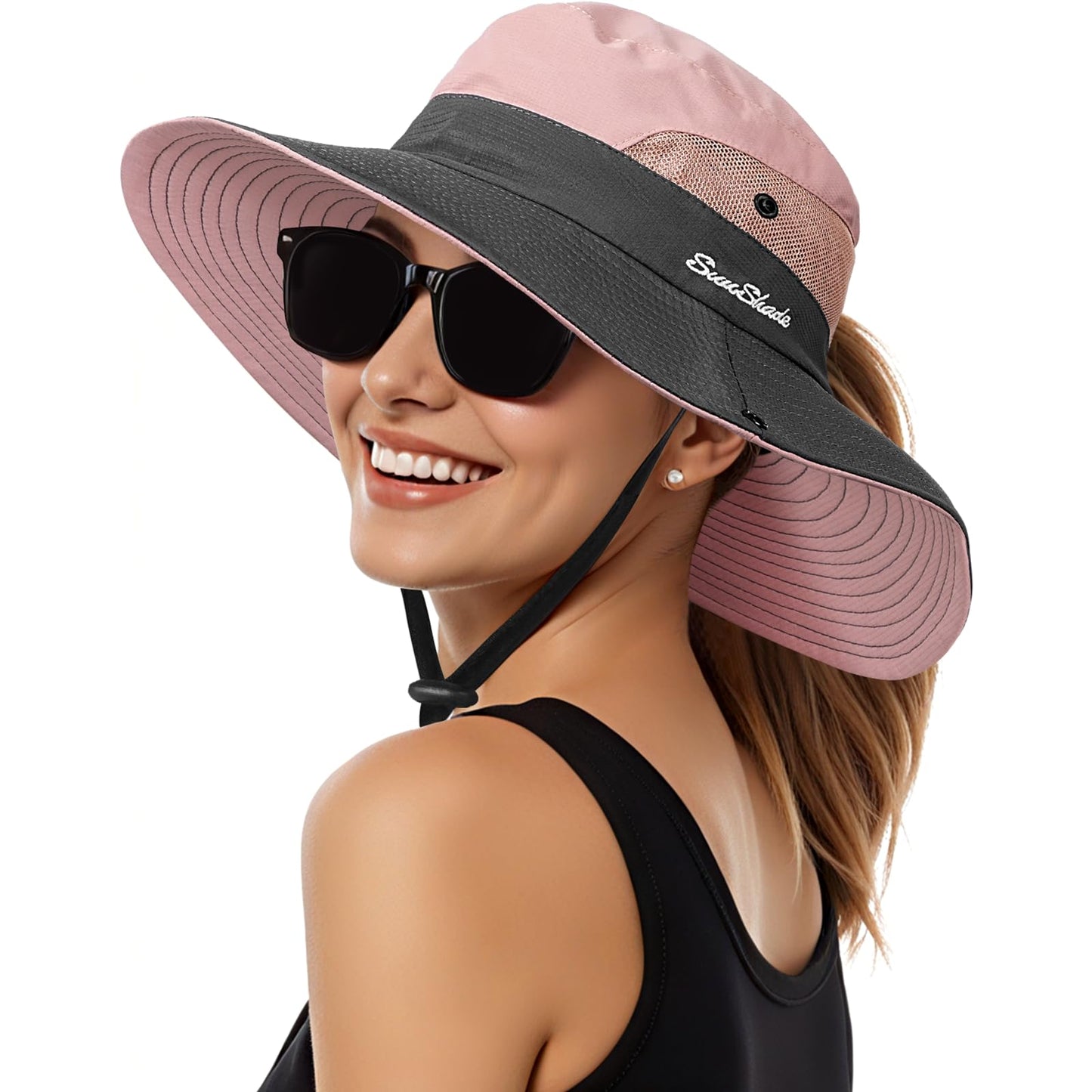 Sun Hats for Women, Wide Brim Beach Bucket Hats with Ponytail Hole, Outdoor UV Protection Foldable Fishing Hat Cooling Mesh Hiking Bucket Hat, Pink