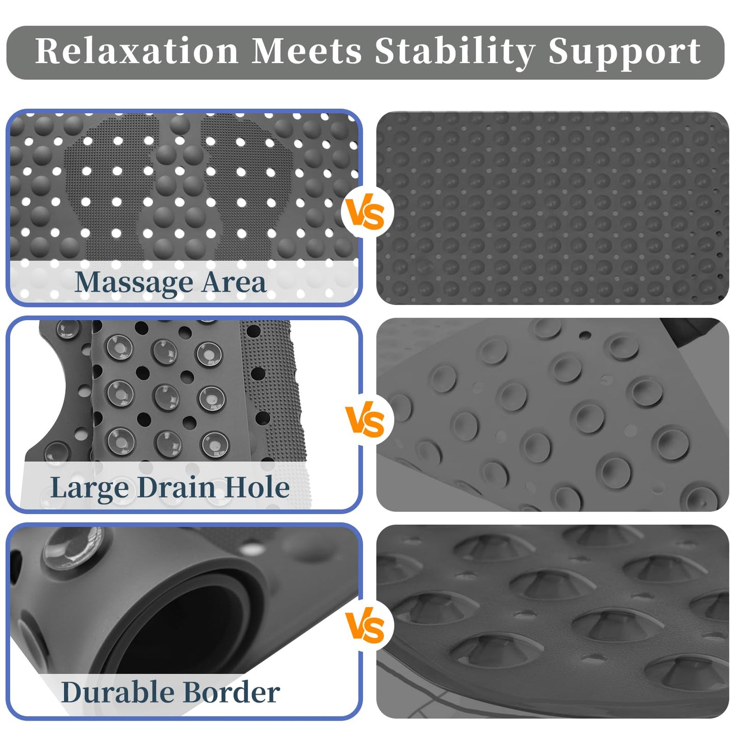 Bath Mat for Tub Non Slip, 35.4 x 15.7 inch Long Bathtub Mats with Suction Cups, Machine Washable Shower Tub Mat for Bathroom Floor and Tub, Soft Silicone Material, Foot Massage Area Design, Gray