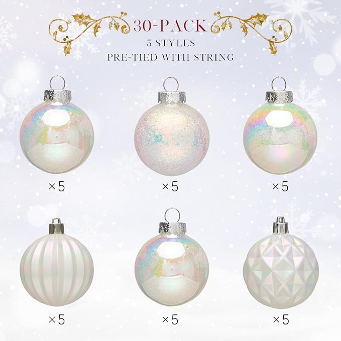 JORNOY Christmas Balls Ornaments, 30ct Shatterproof Xmas Tree Decorations, Hanging Bulbs Baubles Set with String for Holiday Home Party Decor, 2.36 inch/60mm, Iridescent