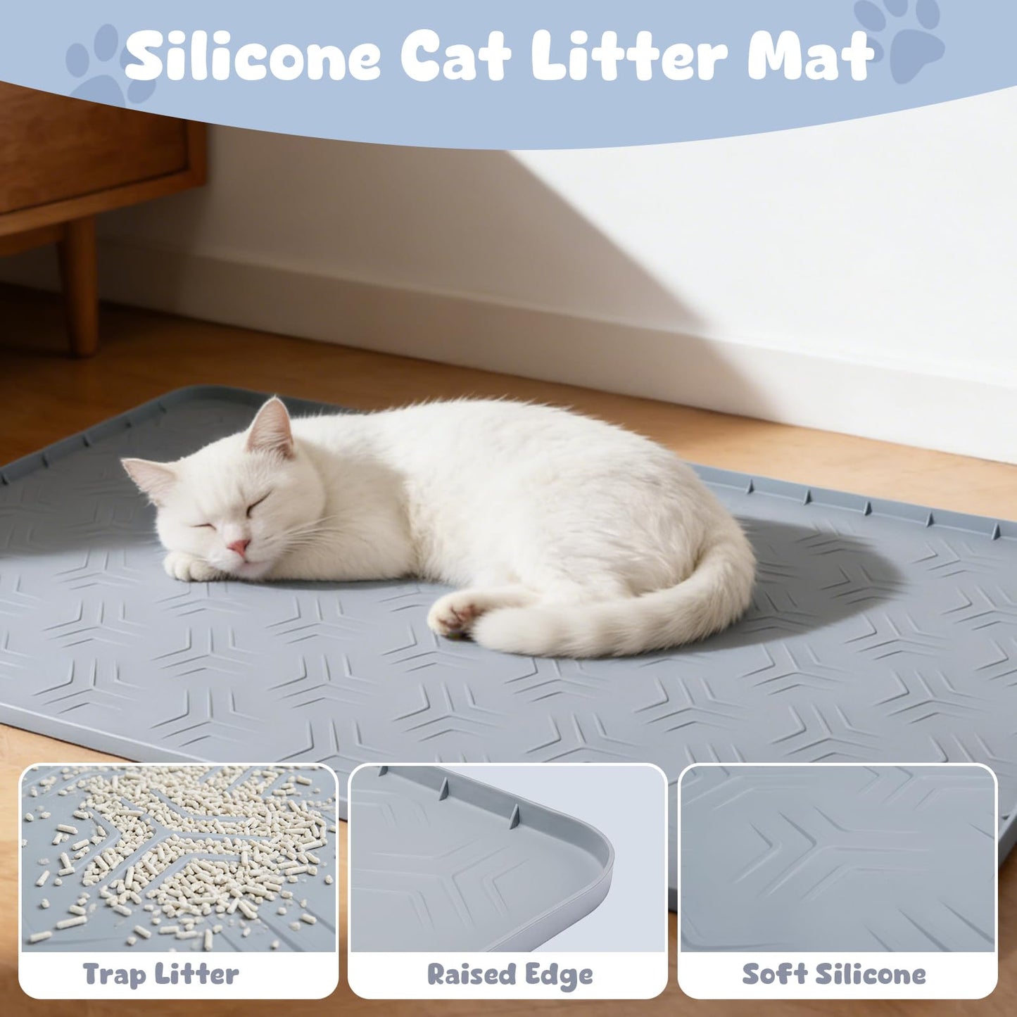 JUJOMAT Cat Litter Box Mat, 34"×22" Waterproof Silicone Cat Litter Trapping Mat Non-Slip Gray Kitty Litter Mat for Indoor Cats, Rubber Pet Food Mats with Lip Easy to Clean & Soft