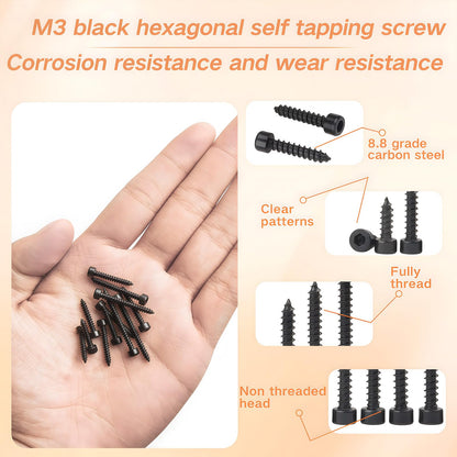 Zmbroll M3 Socket Head Cap Self Tapping Screw Black Grade 8.8 Carbon Steel Metric 400Pcs M3x6/8/10/12/14/16/18/20/25/30mm Socket Allen Head Self Drilling Fasteners Hex Drive Wood Screws